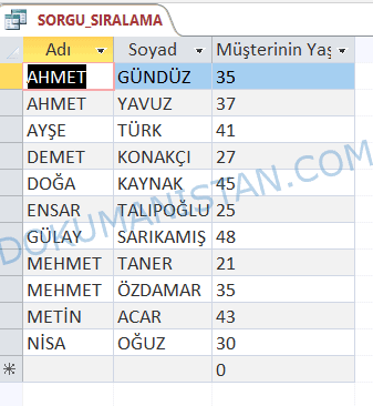 Sorgu Sıralama Sonucu