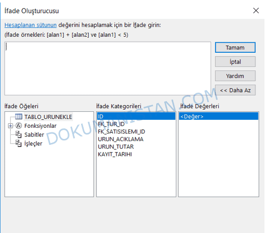 Access İfade Oluşturucusu Ekranı