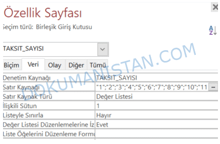 Açılır Liste Satır Kaynağı Görünümü