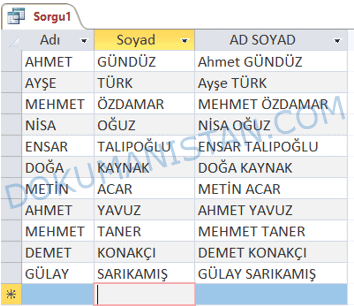 Ad Soyad Birleştirme Sorgu Sonucu