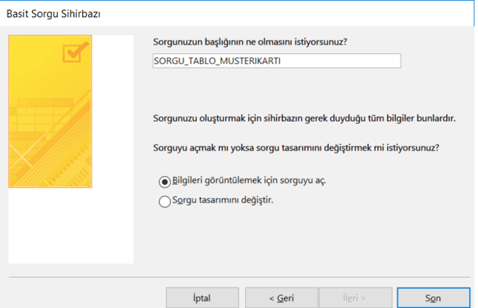 Basit Sorgu Sihirbazı Son Adım