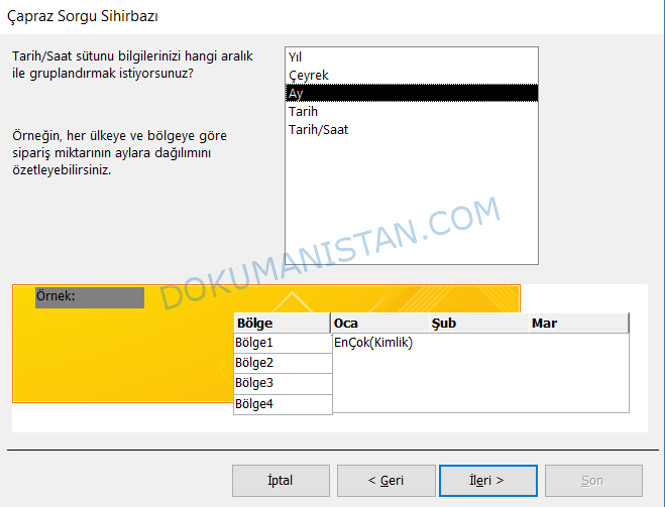Çapraz Sorgu Sihirbazı Aralık Gruplandırmak