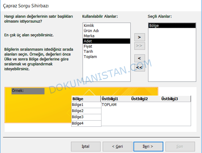 Çapraz Sorgu Sihirbazı Satır Başlıkları