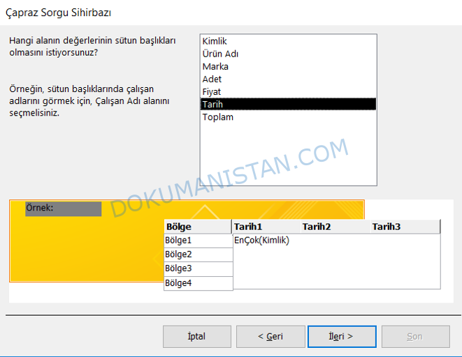 Çapraz Sorgu Sihirbazı - Sütun Başlıkları