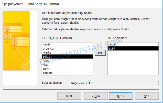 Eşleşmeyenleri Bulma Sorgusu Sihirbazı Tablo Alanları