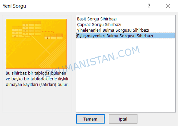 Eşleşmeyenleri Bulma Sorgusu Sihirbazı
