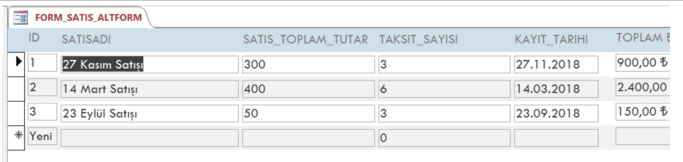 Form Satış Alt Form Sürekli Form