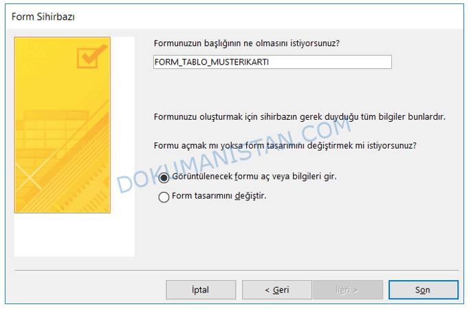 Form Sihirbazı Görüntülenecek Form Aç