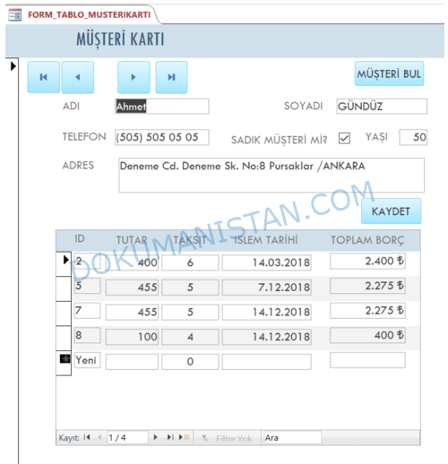 Form Tablo Alt Form Görünümü