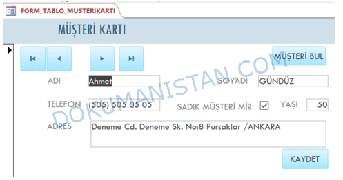 Form Tablo Müşteri Kartı