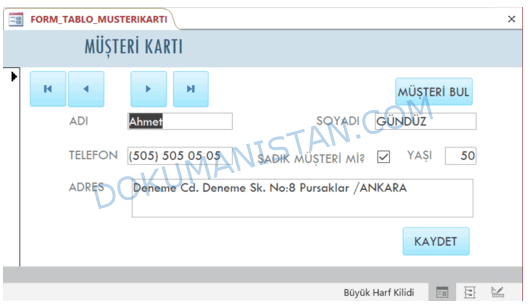 Form Tasarlama Tablo Müşteri Kartı