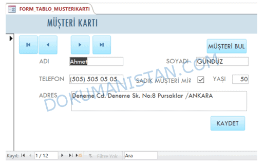 Form Tasarlama Gezinti Butonu