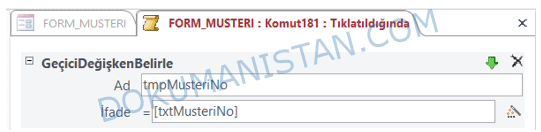 Form Tıklandığında Geçici Değişken Belirle
