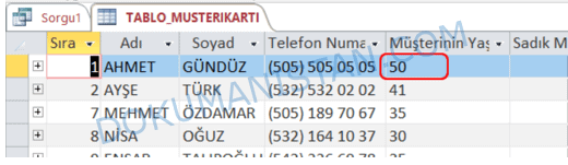 Güncelleştirme Sonucu Tablo