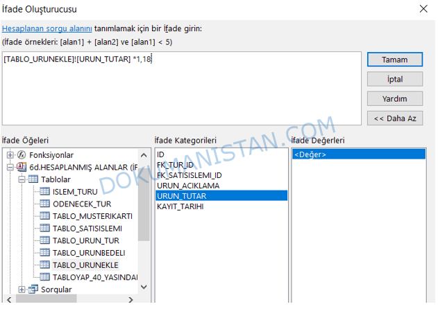 İfade Oluşturucusunda Tablo Verisi ile Formül Yazma