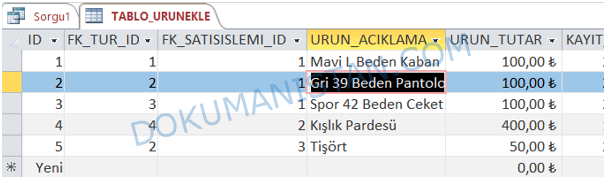 Kayıt Silme Örnek Tablo