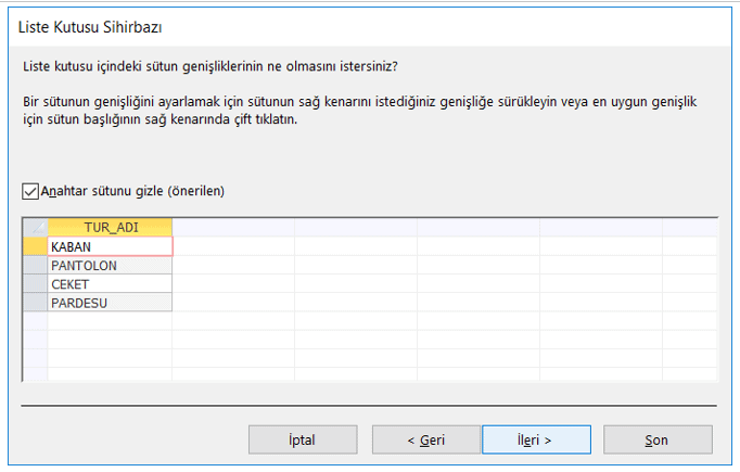 Liste Kutusu Sihirbazı Anahtar Sütunu