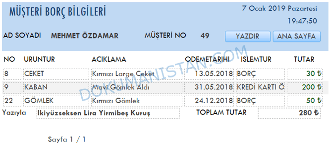 Müşteri Borç Bilgileri Ekranı