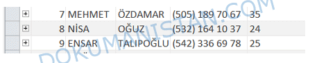 Müşterinin Yaşı Tablo Görünümü