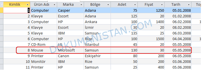 Örnek 1 Sorgu Seçme Sonucu