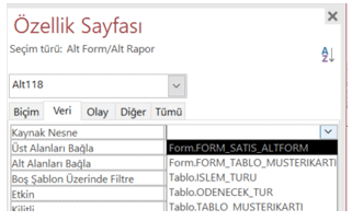 Özelik Sayfası Kaynak Nesne Alt Form Bağlama