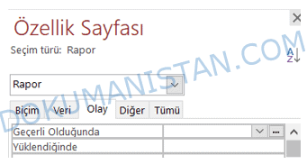 Özellik Sayfası Olay Sekmesi