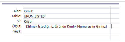 Sil Sorgusuna Parametre Giriş Formülü