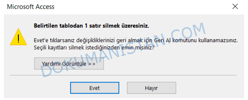 Silme İşlemi Uyarı Mesajı