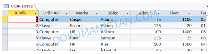 Sorgu Tablo Görünümü