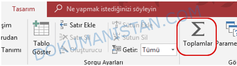 Sorgu Tasarım Sekmesi Toplamlar