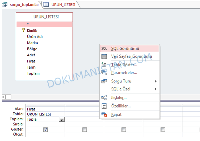 Sorgu Tasarımı SQL Görünümü