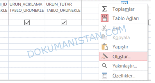 Sorguda Oluştur Hesaplanmış Alan