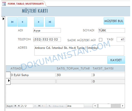 Tablo Form Müşteri Kartı