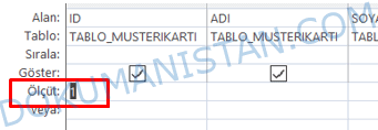 Tablo Sorgu Ölçüt