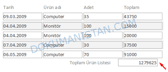 Toplam Alanı Örnek Görünümü