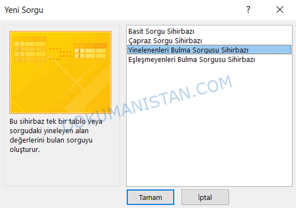 Yeni Sorgu Yinelenenleri Bulma Sorgusu