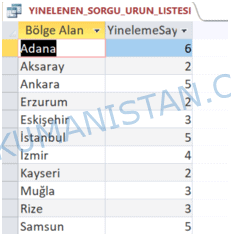 Yinelenleri Bulma Sorgusu Sonuç Tablo