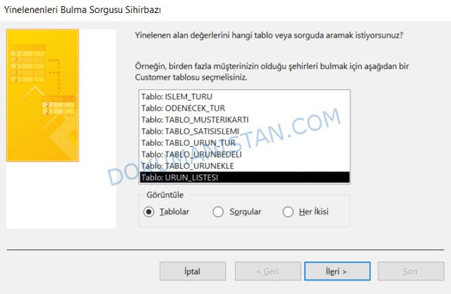 Yinelenenleri Bulma Sorgusu Tablo Seçimi